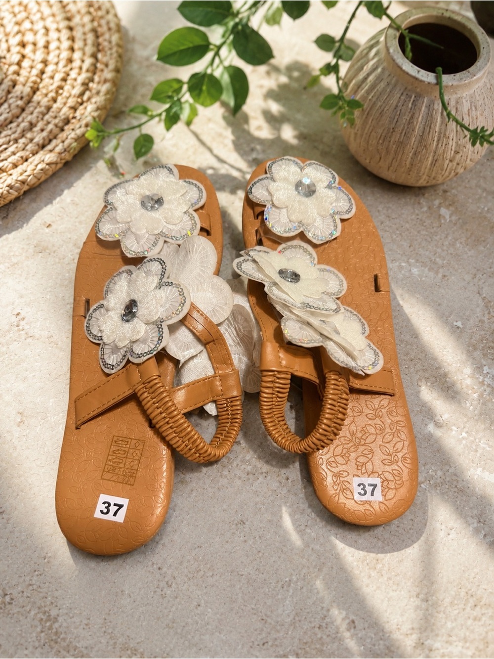Tan Floral Slingback Sandals with Ivory Flower Accents